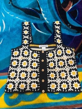 Cotton Emporium Black Crochet Daisy Button-Up Crop Top